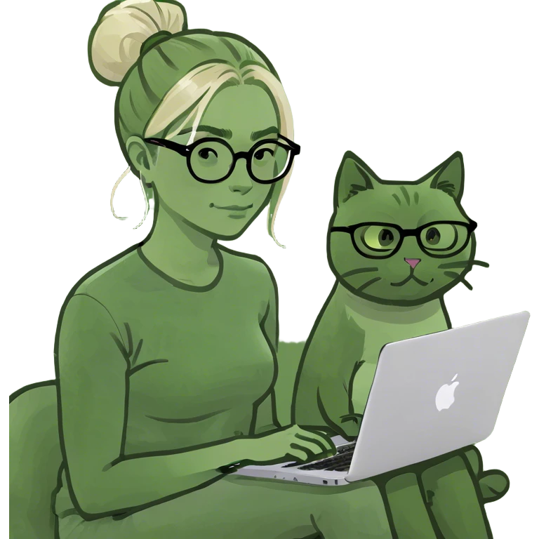 Blonde woman ponytail  with cat and MacBook  emoji