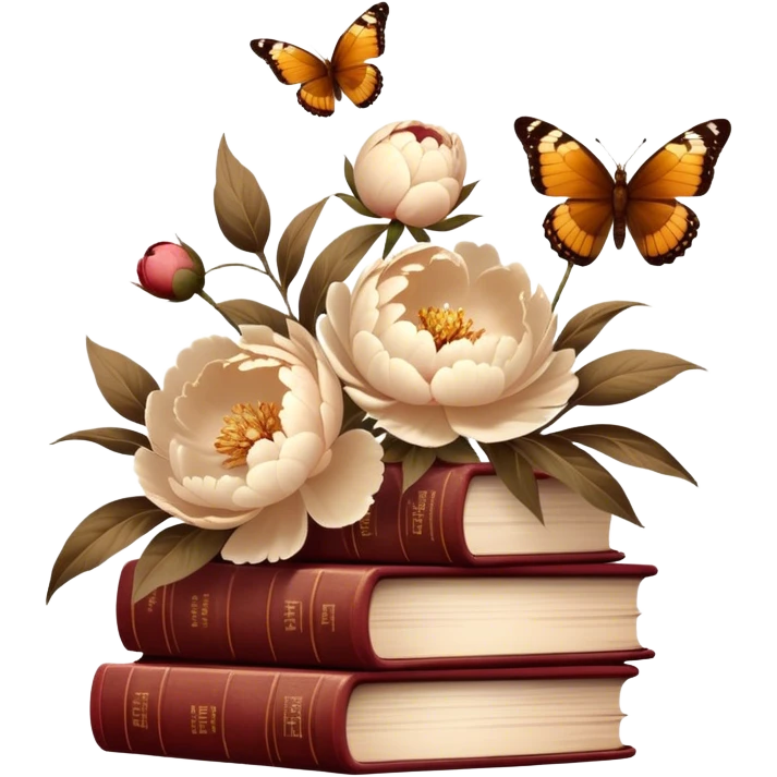 Peonies in muted beige and amber tones stand among rustic brown-red books. Gentle brown butterflies dance in the soft, vintage light. emoji