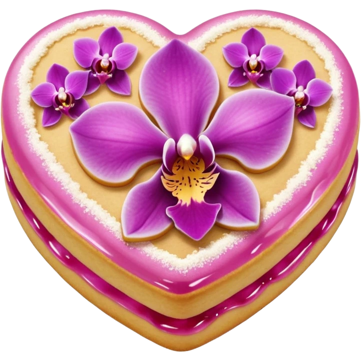 Realistic shortbread cookie in the shape of a heart with orchid color jelly middle filling and sprinkled powder sugar on top. emoji