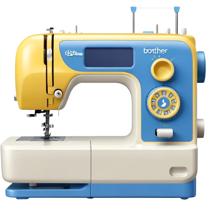 Modern Brother-style computerized sewing machine emoji, white and this yellow #FFB31E and light gray with a blue thread spool, small LCD screen and round dial, three-quarter view, soft gradients and shadows in Apple emoji style, plain light background. emoji