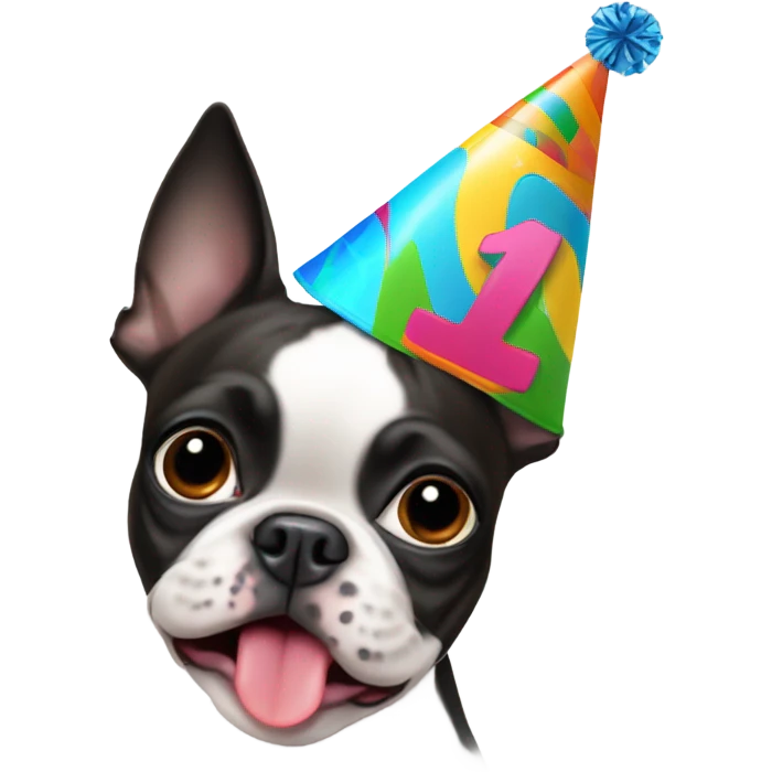 Boston terrier wearing birthday hat and # emoji