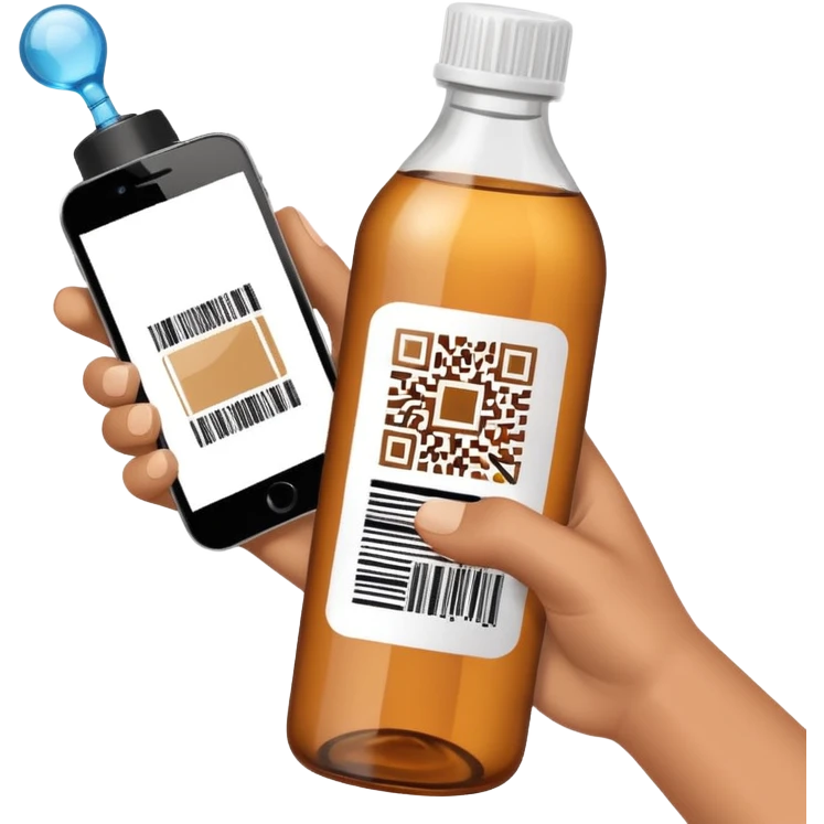 hand holding a phone scanning a barcode on a bottle, both hand and phone clearly visible, no text emoji