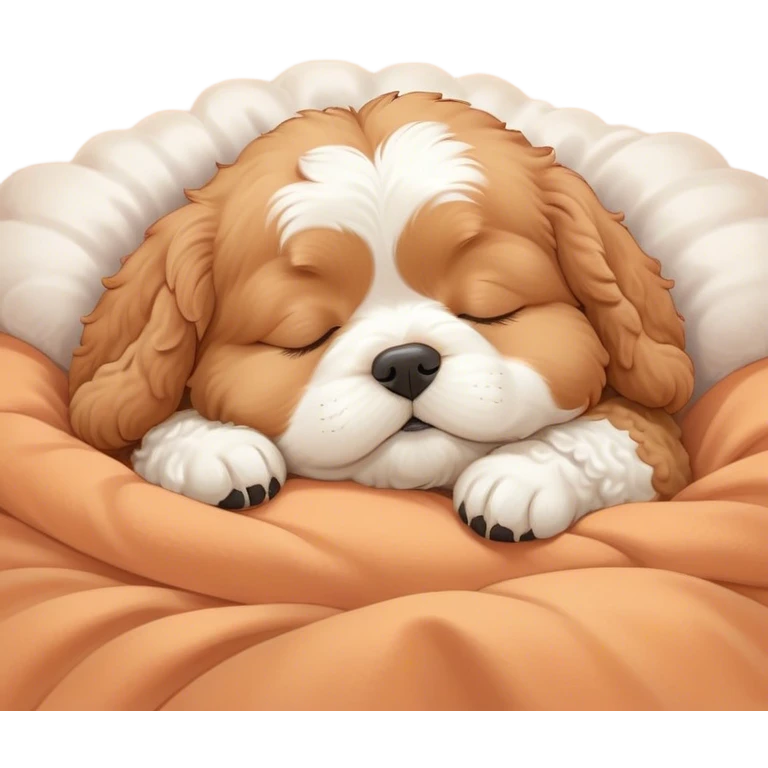 Cinematic Chubby Sleeping Cavoodle Portrait Emoji, Chubby and serene, with a round, cuddly build and a soft, curly apricot coat with subtle white patches, eyes gently closed in peaceful slumber, Simplified yet irresistibly endearing features, highly detailed, glowing with a gentle, dreamy glow, high shine, relaxed and content, stylized with a touch of whimsy, bright and heartwarming, soft glowing outline, capturing the essence of a blissfully sleepy companion, so comically serene it feels like it could roll out of the screen and snore with adorable charm! emoji