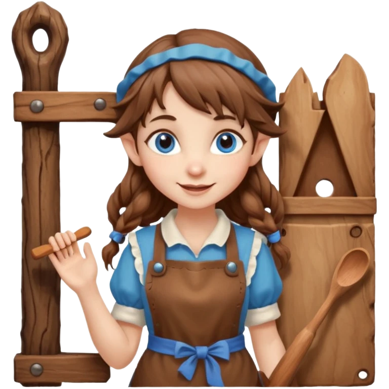 Kind happy whimsical quirky Girl toymaker, wood carving elf. Woodland creator. Blue eyes. brown hair (just below chin length) wavy hair & bangs. Whimsical playful cute emoji