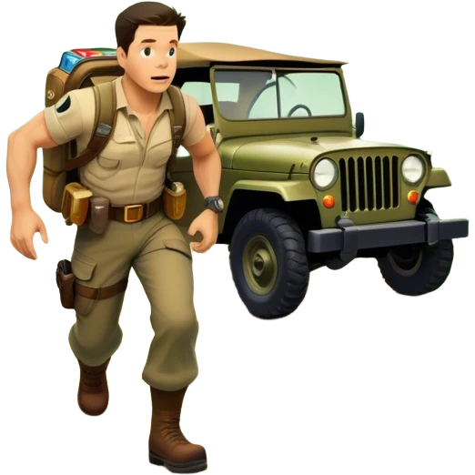 A vintage movie poster-style collage. Include action-packed elements like a treasure map, jungle scenes, a rugged explorer with a compass and a speeding jeep. Add a shadowy figure resembling close-up Mark Wahlberg in adventurous gear. Dramatic lighting, dynamic composition. Transparent background. emoji