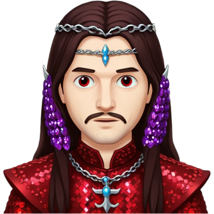 Vlad Tepes with long dark brown hair, dark red sequin outfit emoji