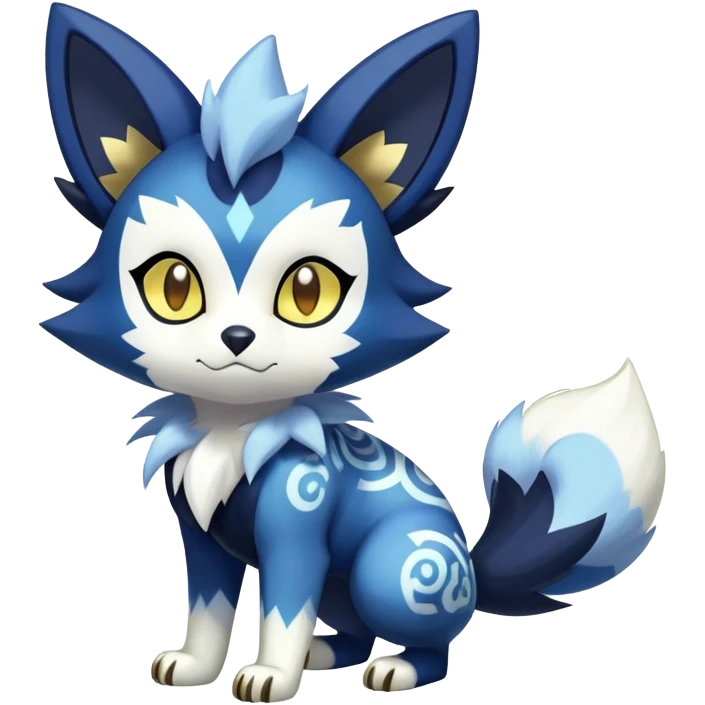 Shiny mExotic Colorfulj Excessive Mysterious Gothic Meowstic-Zorua-Poochyena-Pokémon-Fakémon-hybrid-creature (full body) with pattern-markings with golden eyes emoji