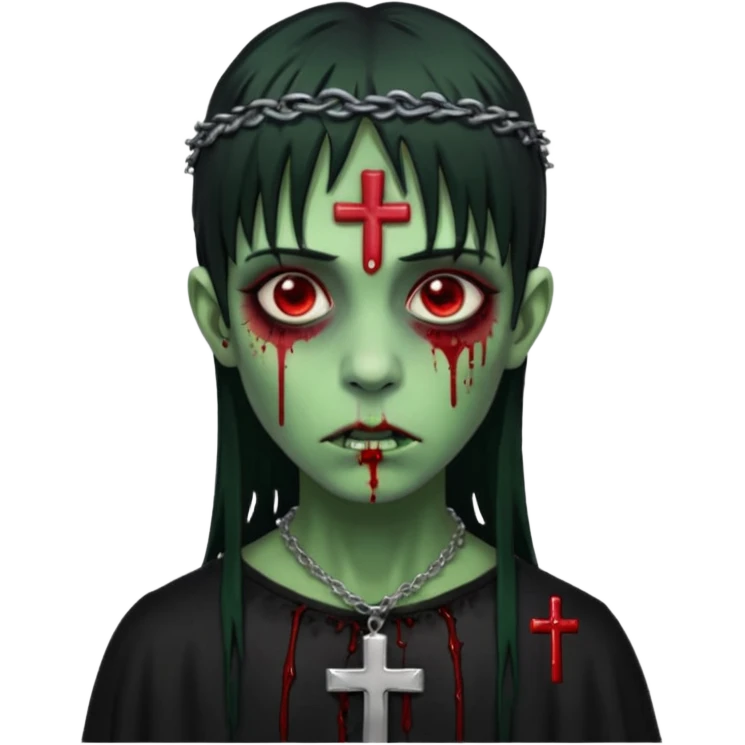 zumbi verde com olhos vermelhos sangrando e franja roupa preta e um crucifixo como colar, sem ser na testa e um piercing no nariz bem feminino a franja reta também  emoji