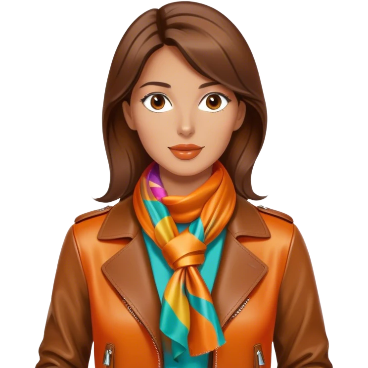Elegant and tan woman wearing a leather Hermes jacket and a multicolored silk scarf around her neck. She has an orange Hermes Birkin Bag. I want the image to be close up, starting from the waist up.  emoji