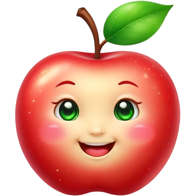 Cute Kawaii Apple, round and plump, bright shiny red with a tiny green leaf, chubby cheeks, sparkling eyes, a happy smile, soft glowing highlights, radiating fresh sweetness! emoji