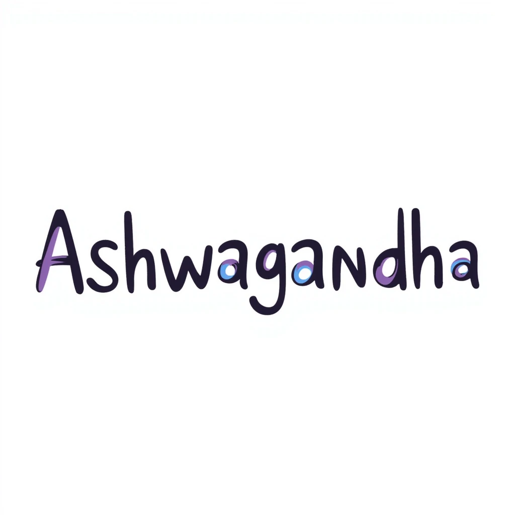 The word "Ashwagandha" hand-drawn in white text with a few purple and blue color accents. Simple doodle style with clean design. emoji