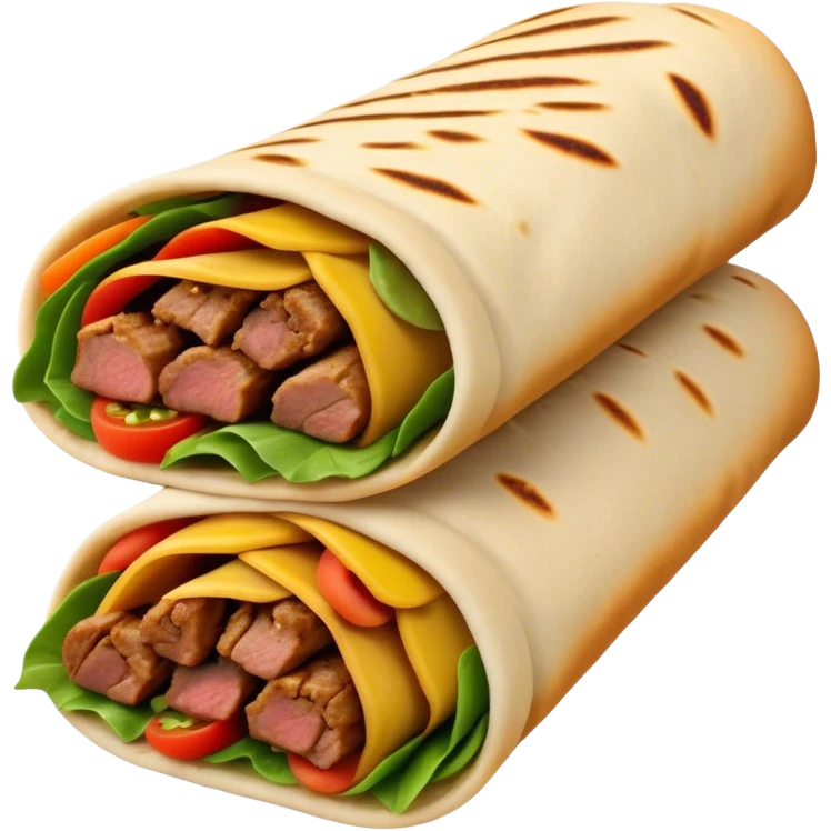 Cinematic Realistic Shawarma Dish Emoji, showcasing spiced, succulent meat wrapped in flatbread with fresh vegetables rendered with lifelike detail and dynamic, appetizing lighting. emoji