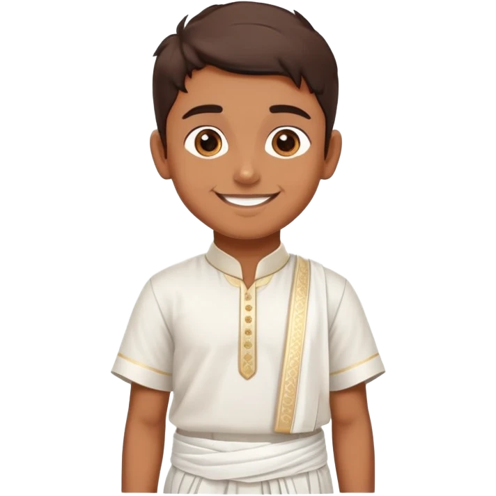 Samsung emoji-style cartoon of a Tamil boy in cultural dress: white dhoti, short-sleeved shirt, decorative angavastram, smiling emoji