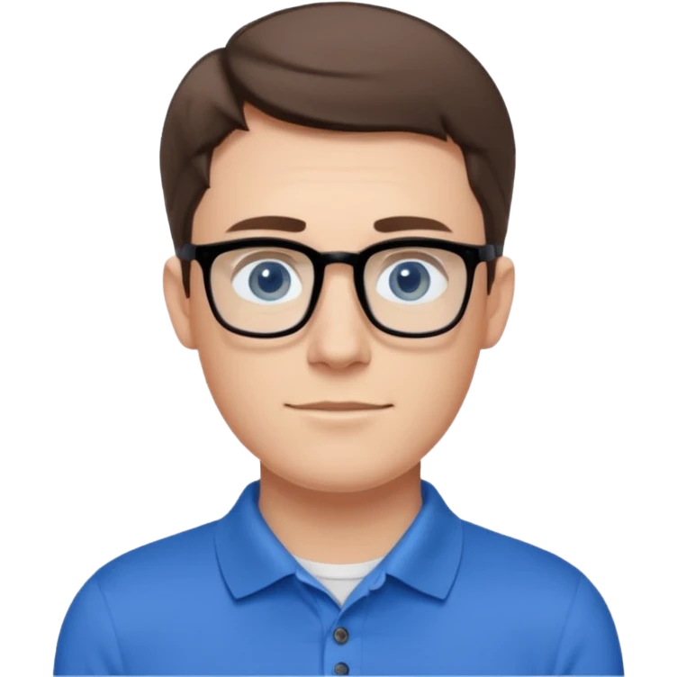 Scott The WozYoung white man, late 20s, short brown hair, blue eyes, clean-shaven, thin black rectangular glasses, slim build, wearing a blue polo shirt, friendly and energetic look. emoji