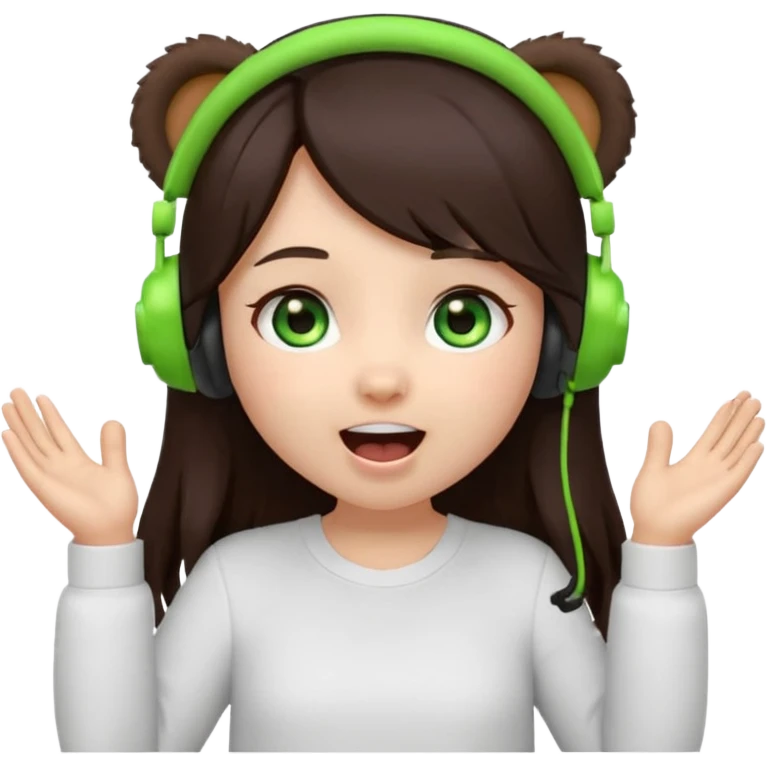 Animated emoji, Chibi girl, long dark brown hair, green eyes, wearing a white shirt and small brown bear ears on a black headset, with wide happy surprised eyes and mouth and clapping excitedly emoji