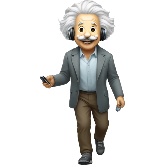 albert einstein happy listening music with just wireless headphones while walking emoji