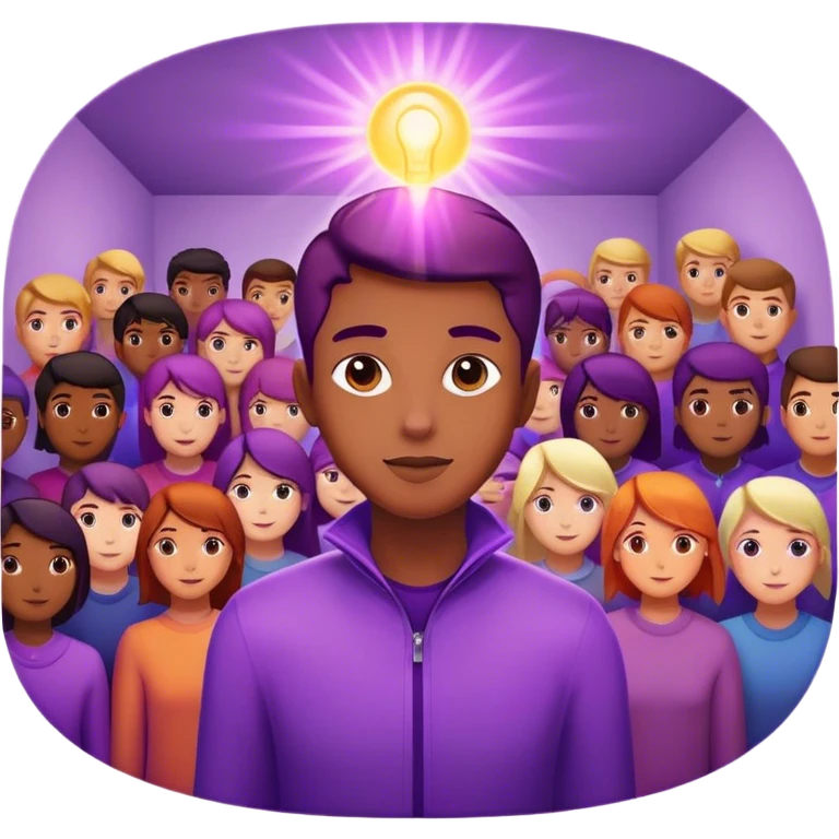 A charismatic person glowing in center of a room, radiating a violet warm bright aura glow, he is attracted with a lot of people around emoji