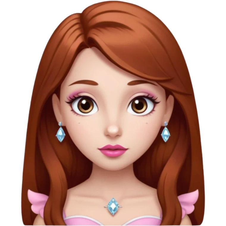 girl with fair skin, long straight reddish brown hair, big brown almond eyes, long eyelashes, thick dark eyebrows, straight nose, full pink lips with cupids bow, diamond face shape, clean girl aesthetic emoji