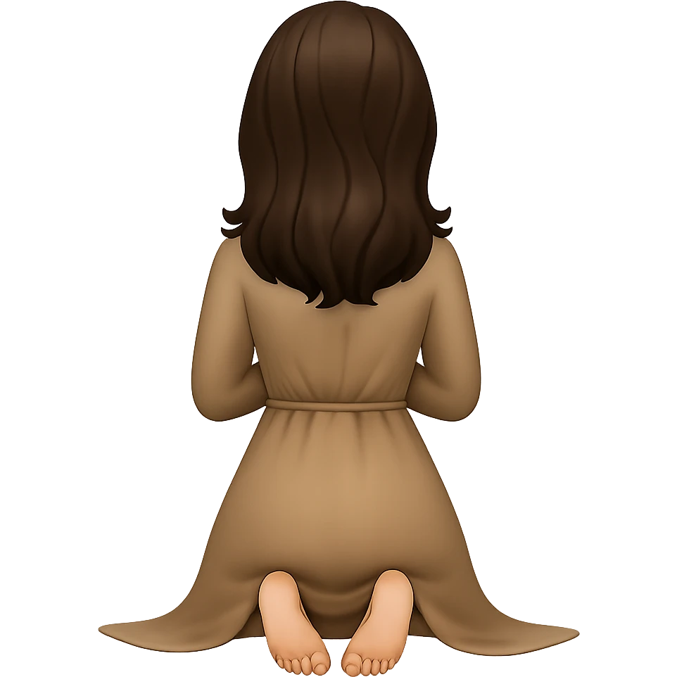Create a woman kneeling and praying from the back view, with her feet visible and out behind her, wearing a long tan dress, with dark brown hair, matching the body figure of the reference image. The style should resemble emoji style. Remove the background. emoji