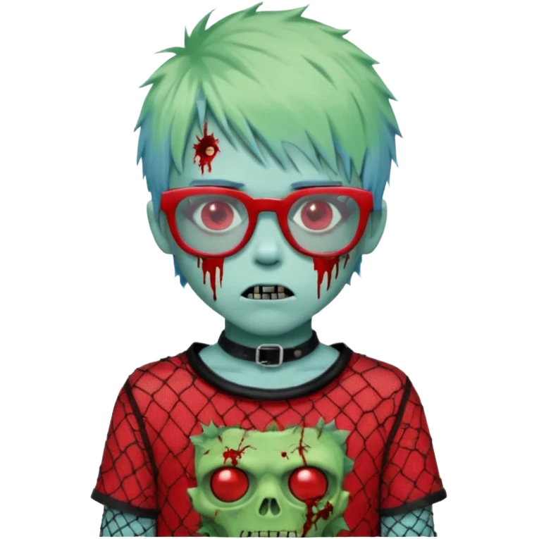 White hair, Ghoulia yelps monster high doll in scene/emo style cherry print dress with fishnet sleeves, clothes, thin, small, red, rectangle glasses, pale white-blue skin, pale-green shaggy short hair , zombie scars , boy, punk choker emoji