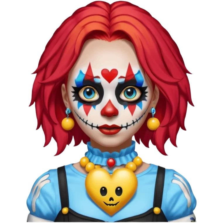 wendy thomas  the clown from gta rp nopixel she has a blue sun on covering right eye with three yellow lines below her right eye and above her left eye. she has long bright red hair and light blue eyes with ablack heart choker and black bunny ears. with a skeleton shirt emoji