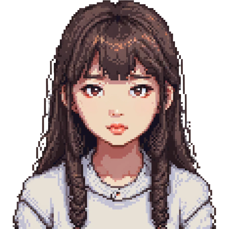 Asian girl with thin bangs, long hair, round eyes without double eyelids, pixel art style emoji