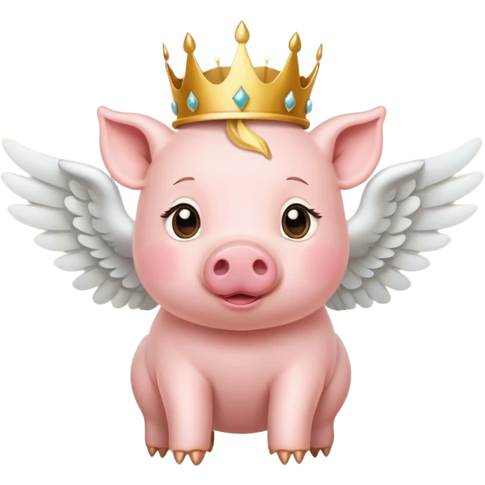 a cute little pink pig flying cross with angel wings and gold crown on it's head emoji