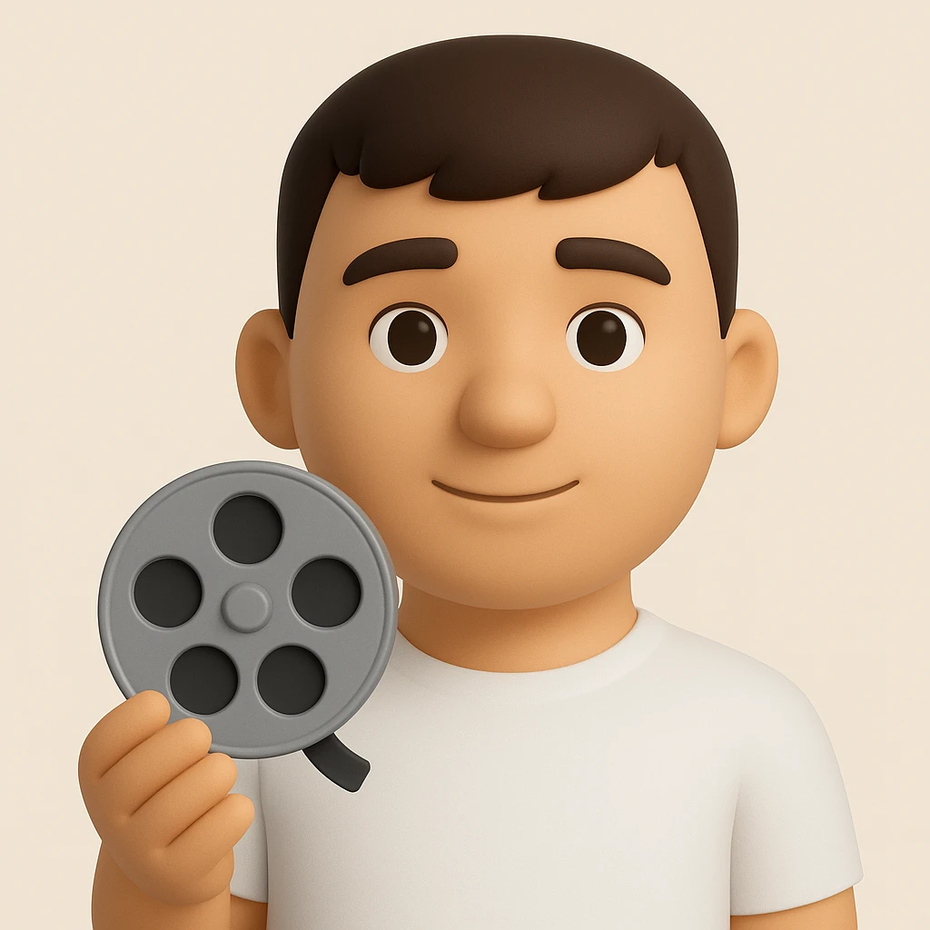 Create a 3D emoji style image of a person with a more ordinary, average face, wearing a white shirt and holding a cinema symbol such as a film reel or clapperboard. The style should resemble microsoft style 3d fluent emojis with a focus on the described features. emoji