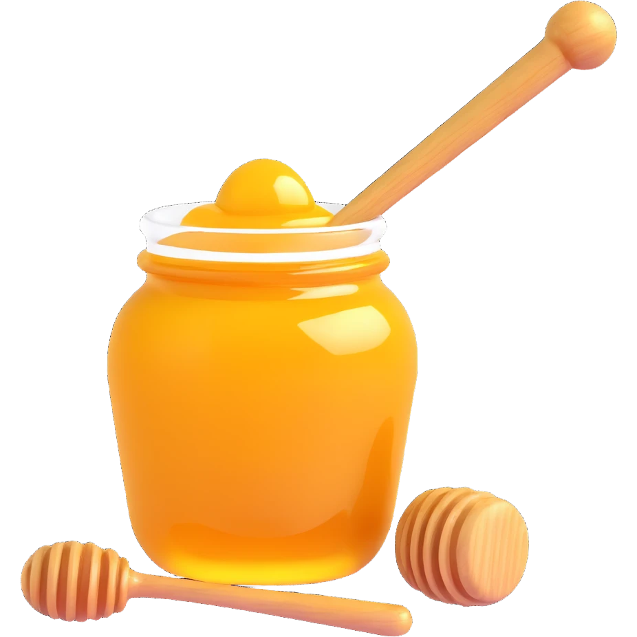 3D emoji style honey jar, with a wooden dipper inside, golden honey, simple and expressive emoji