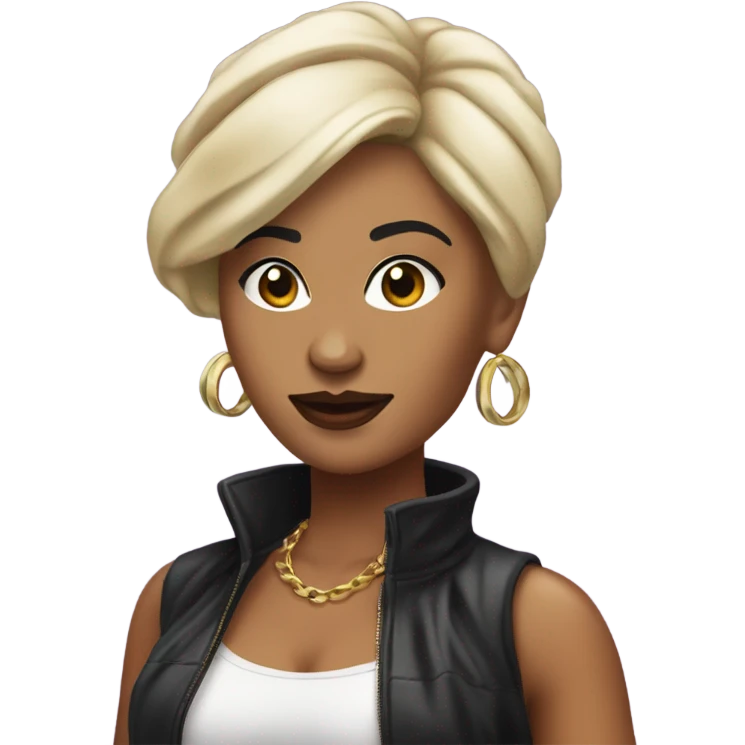 Tanned woman with black hair dressed in 1990s hip hop hair, makeup, and attire  emoji