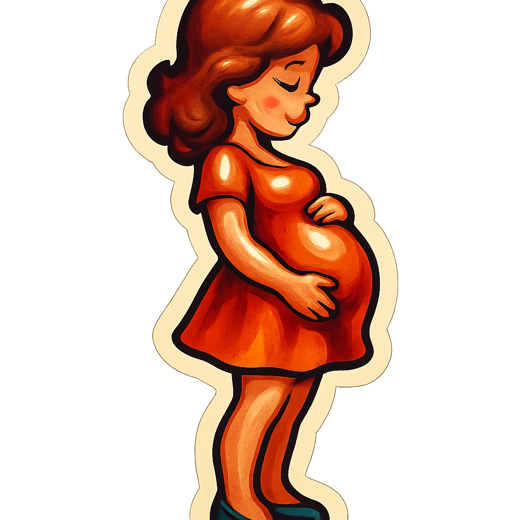 pregnant girl in short dress standing sideways holding belly, retro stickers style, soft rounded shapes, expressive contours, vintage color palette, light paper texture, shadows and highlights, transparent background emoji