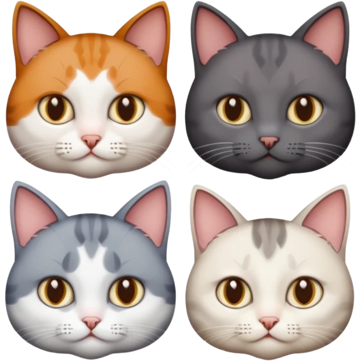 4 different coloured short haired cats including; a dark brown and white cat, and a dark grey and white  emoji