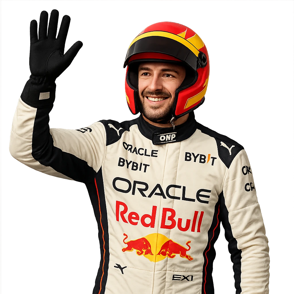 Formula 1 driver waving to fans, wearing racing gear, friendly expression emoji