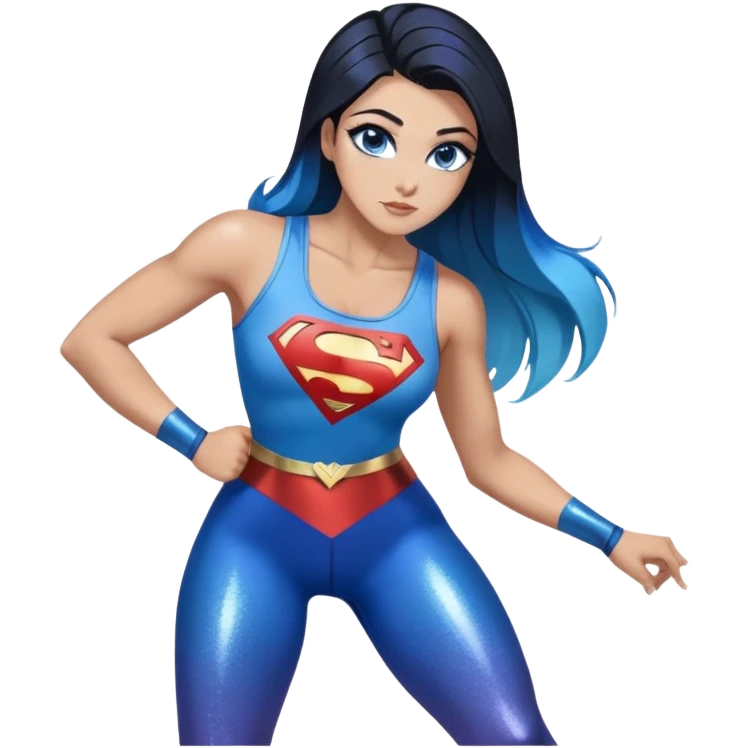 Texting-very very very large upper body-sexy face-bending forward at waist-very long very straight dark blue to light blue ombre hair-and-blue eyes-thick black eyeliner-thick long eyelashes-iridescent blue lowcut tanktop with black leggings with glitter superman logo emoji