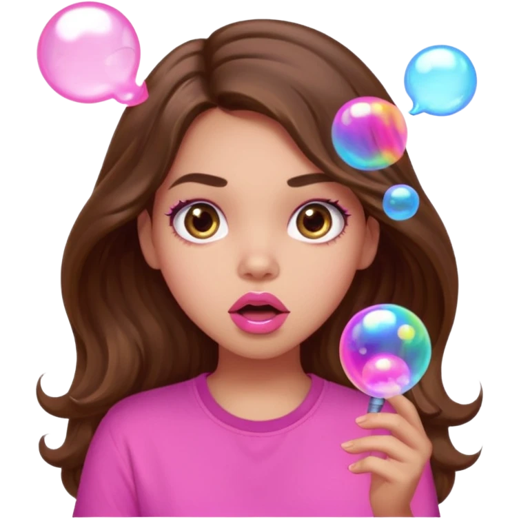 girl with long wavy brown hair, brown eyes, light to medium complexion, in a pink shirt, pink lips, long lashes, surprised, wow bubble emoji