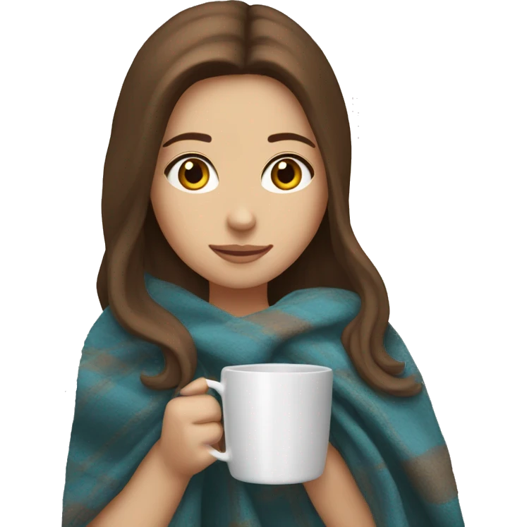 White girl with long brown hair and a blanket and a cup emoji
