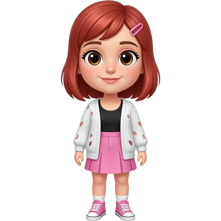 Short. Red hair with pink clip. Brown eyes. White sweater with holes. Black tank top. Pink skirt. Pink shoes. Freckles emoji