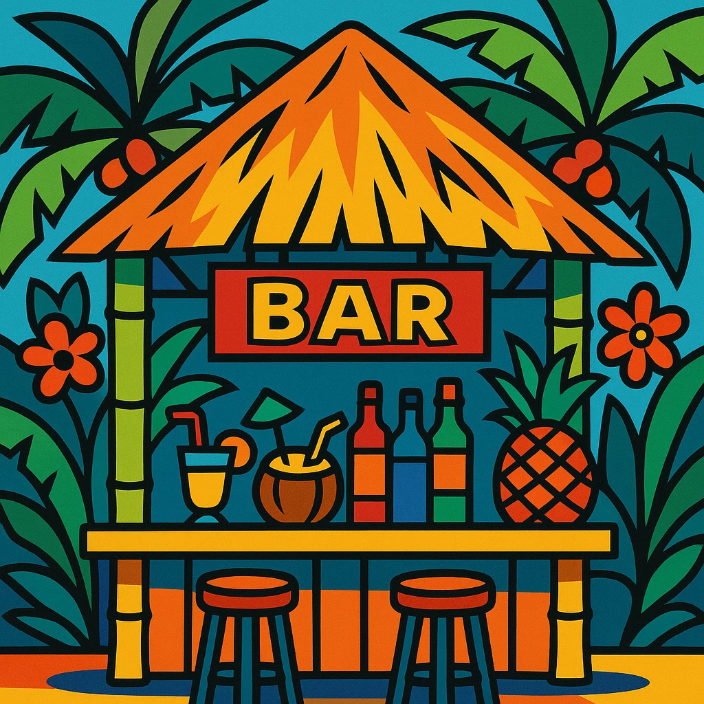 a bar in Hawaiian style, with tropical decor, palm leaves, bamboo, and vibrant colors emoji