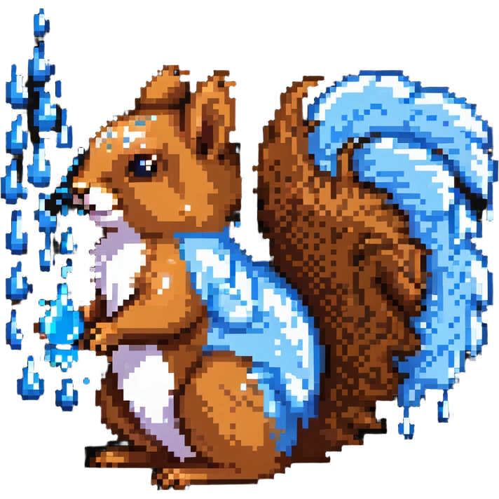 Pixel art squirrel with distinct brown fur, bushy tail, and obvious blue drool dripping from mouth in multiple pixel droplets emoji