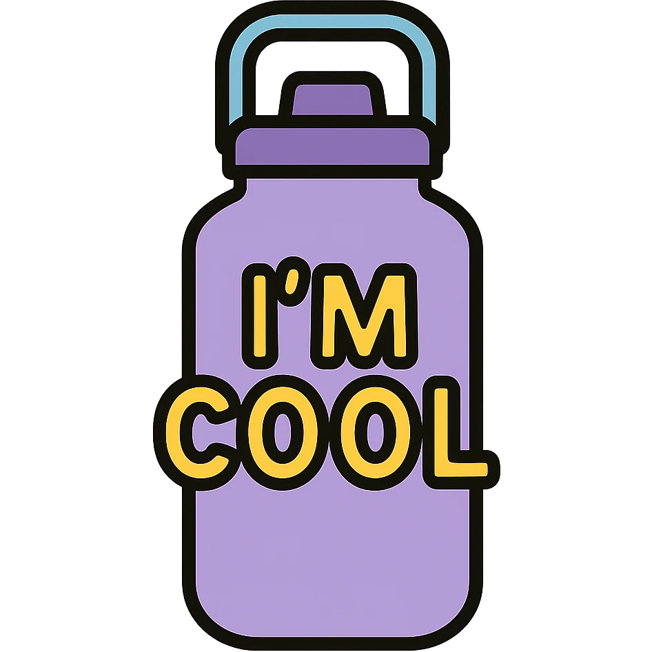 light purple STANLEY water bottle, I'M COOL in large letters, simple and eye-catching emoji
