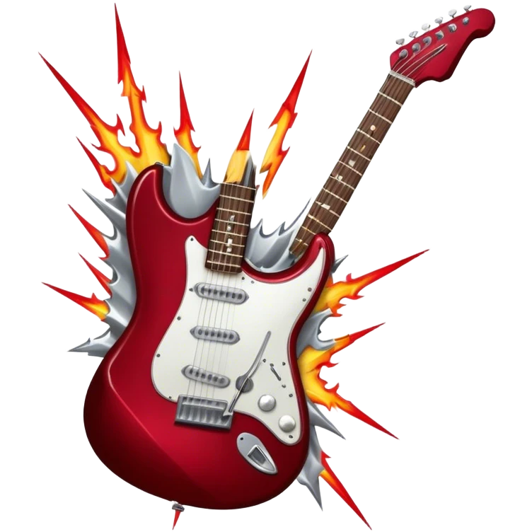 Create a fierce and edgy emoji representing hardcore rock vocal performance in a humanless collage. The design should feature a vintage microphone at the center, Add crossed drumsticks behind the microphone to symbolize the rhythm and power of the drums. surrounded by a menacing, distorted electric guitar with sharp, aggressive angles. Include subtle elements like lightning bolts, flames, or jagged sound waves to evoke the raw energy and intensity of hardcore rock. Use dark, intense colors like black, red, and silver, with a metallic, gritty finish to convey the rebellious, aggressive spirit of the genre. The background should be transparent. emoji