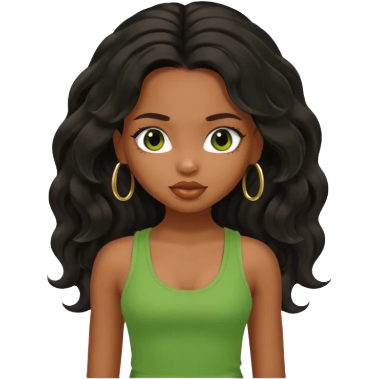 a pretty bratz brown girl with long wavy black color hair and green tank top on emoji