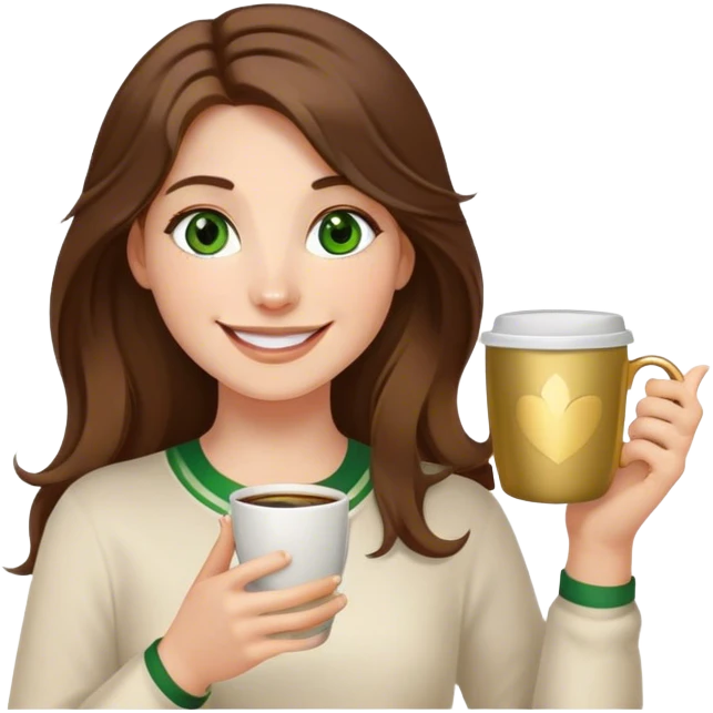 Long, Brown haired girl with middle hair part, green eyes, gold hoop nose ring, smiling, waving with one hand, coffee mug in the other emoji