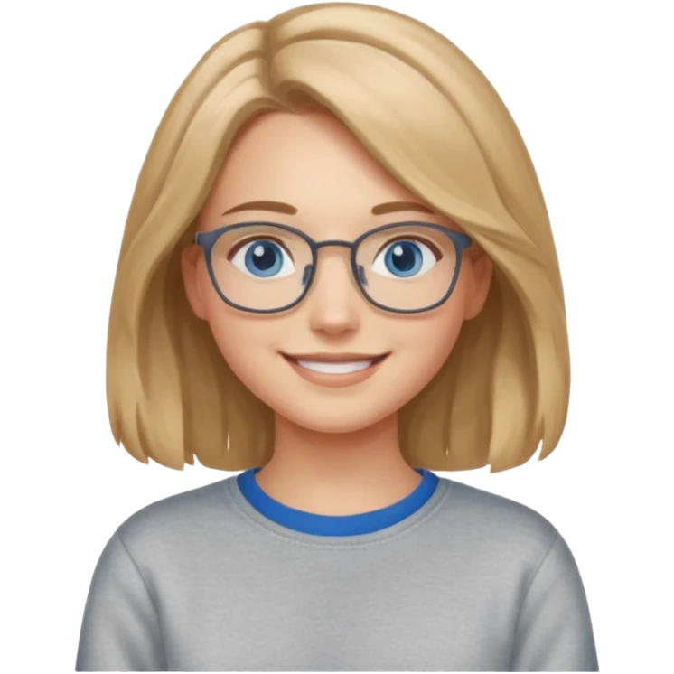 мила дівчинка з пшеничним та трохи хвилястим волоссям до грудей з голубими очами та в окулярах в сірому світшоті посміхається emoji