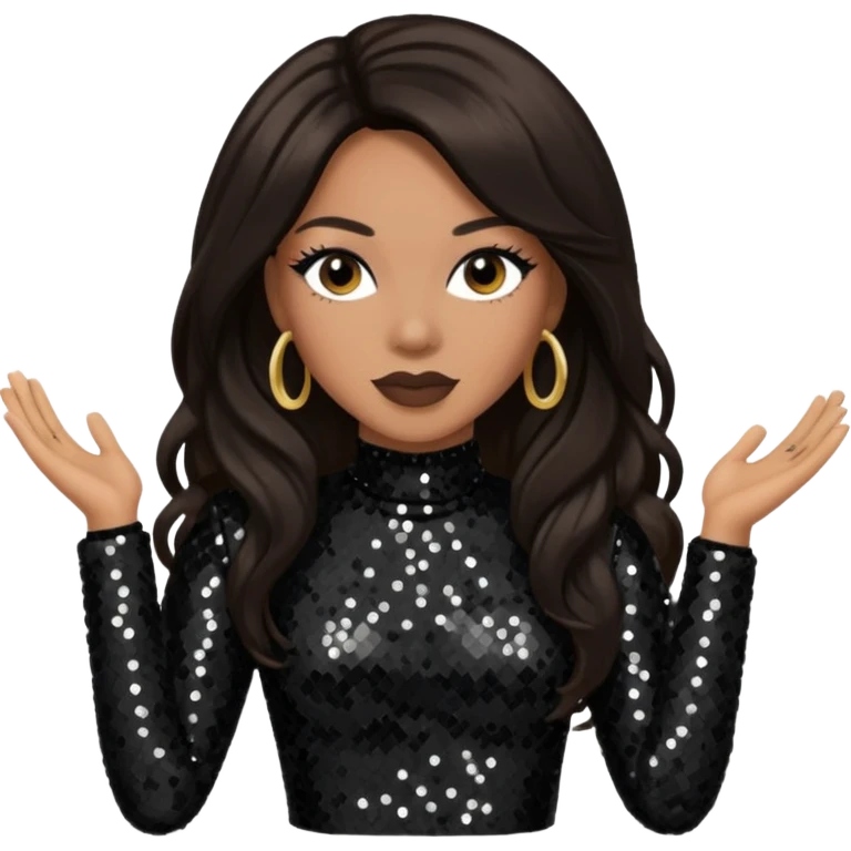 Monica Arnold, R&B Singer with long dark brown hair, black sequin outfit emoji