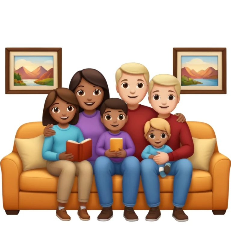 family posing for photo, living room background emoji