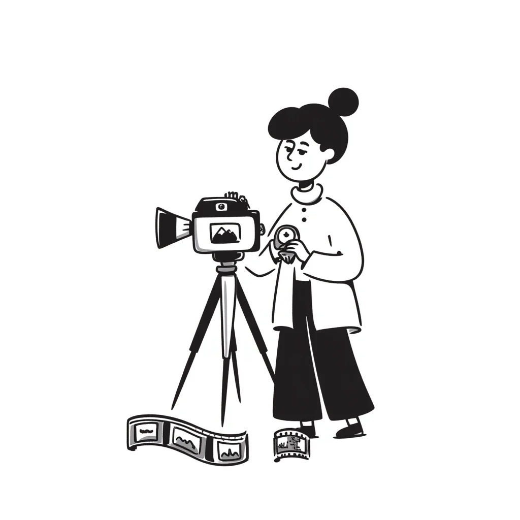 Hand-drawn film strips and an old school film camera with a photographer emoji