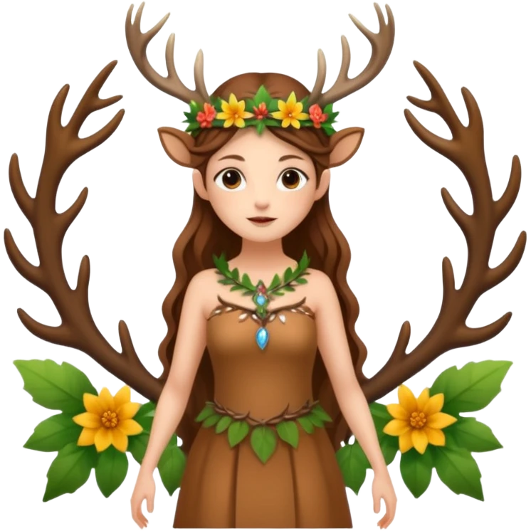 forest fairy woman dressed as deer spirit, antler crown and leaf dress, standing in flowers emoji