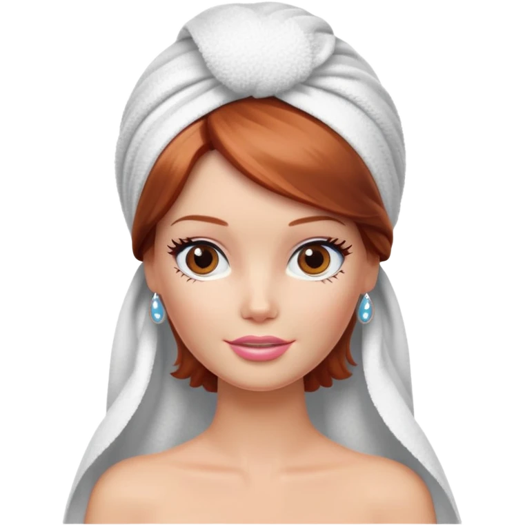 A Barbie face with shoulder-length reddish brown hair, makeup with cream on her face and a towel on her head emoji