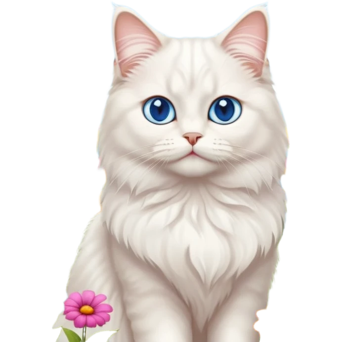 White persian male cat turkish angore with skky blue eyes standing in feed of flowers emoji